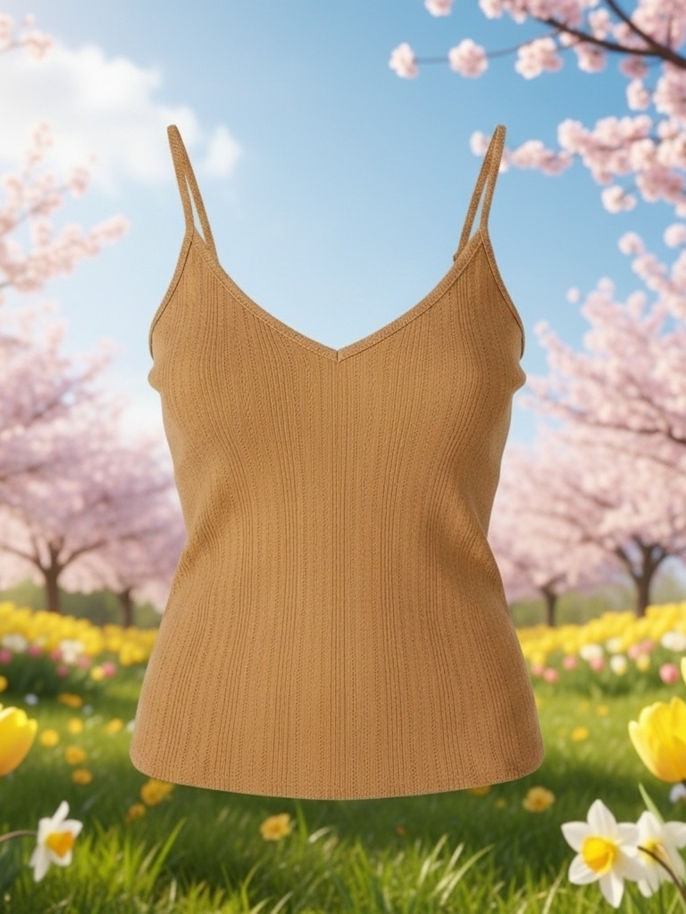 American Eagle Outfitters Camel Knit V-Neck Spaghetti-Strap Cami